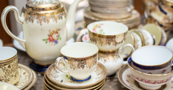 NAKORNPATHOM, THAILAND, MAR 12, 2020 : hand craft artwork on ceramic cup and dish being sell in cafe, THAILAND, March 2020